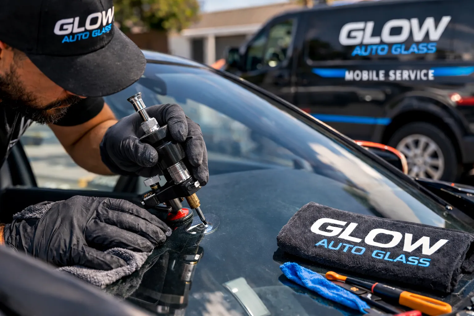 Close-up of windshield chip repair being performed by Glow Auto Glass technician