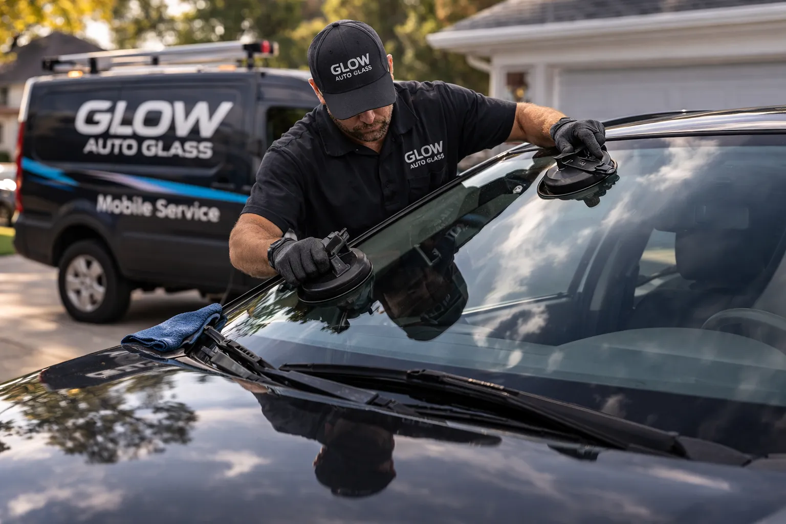 Glow Auto Glass technician working beside branded mobile service van in Glen Burnie