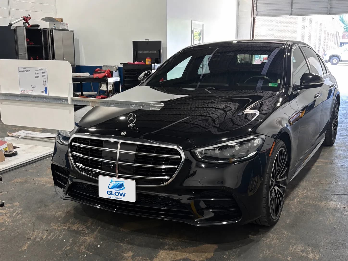 Mercedes windshield replacement with ADAS calibration setup at Glow Auto Glass in Glen Burnie, MD